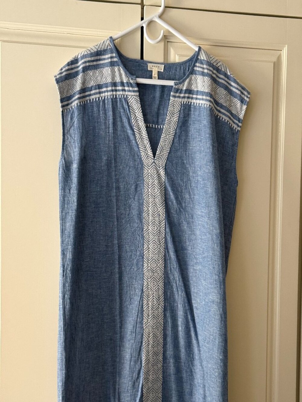 Cotton and Linen Mini-Dress from Soft Joie, Size L, Ethnic Embroidery and fringe